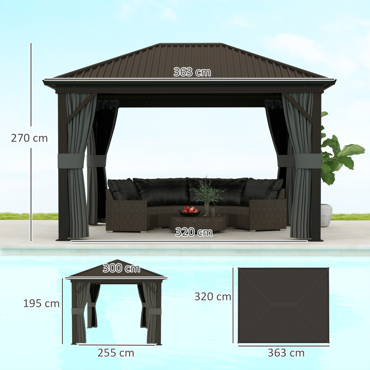 Outsunny 3.6 x 3m Hardtop Garden Gazebo with Screen Curtains, Dark Grey