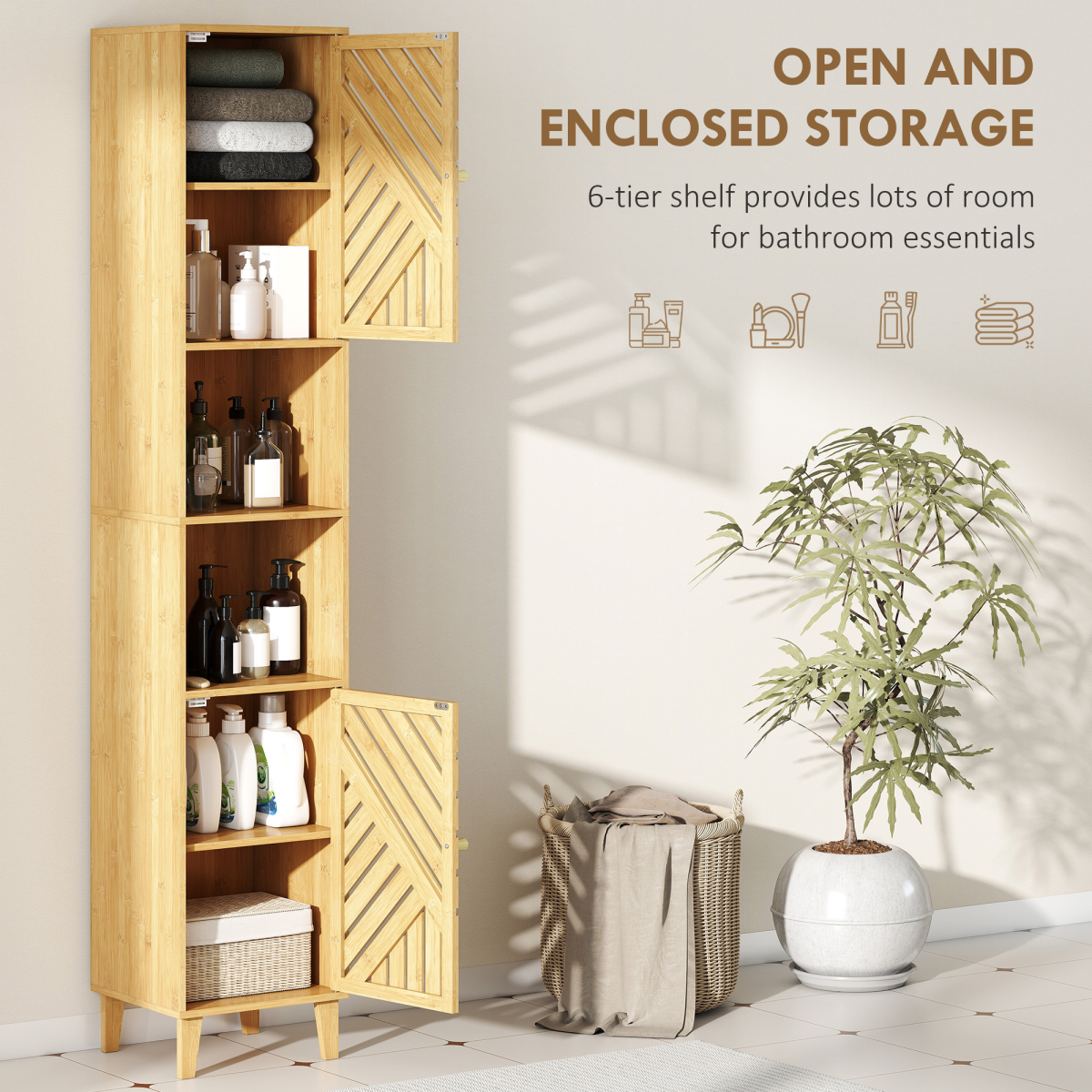 HOMCOM Tall Bathroom Storage Cabinet with Open Compartments, Adjustable Shelves