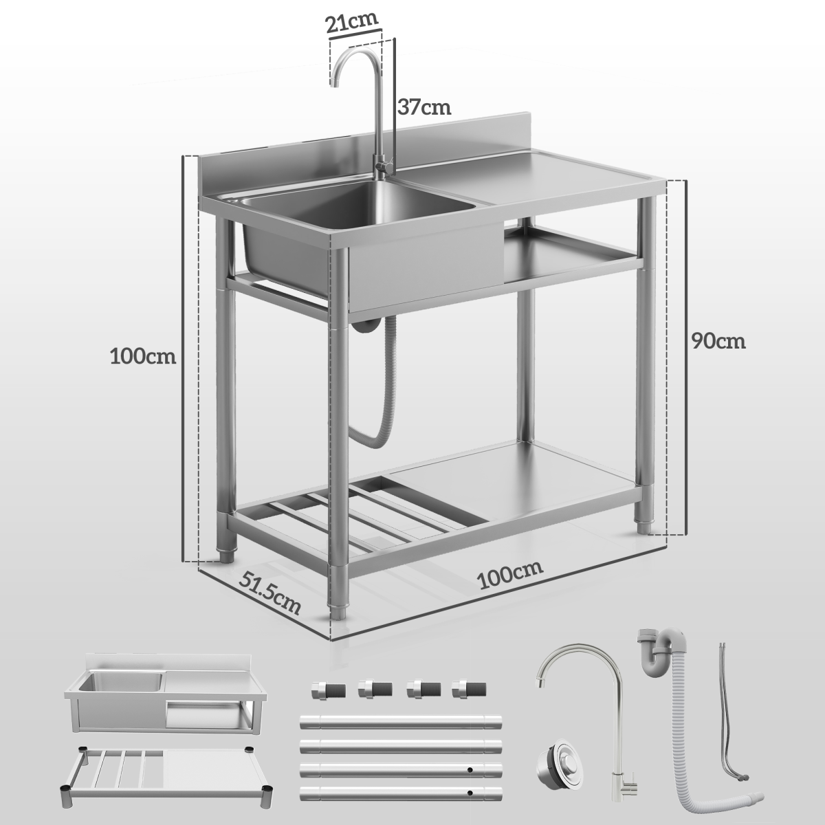 HOMCOM Stainless Steel Outdoor Kitchen Sink Unit with Hot and Cold Water Connection, Storage Shelves and Backsplash