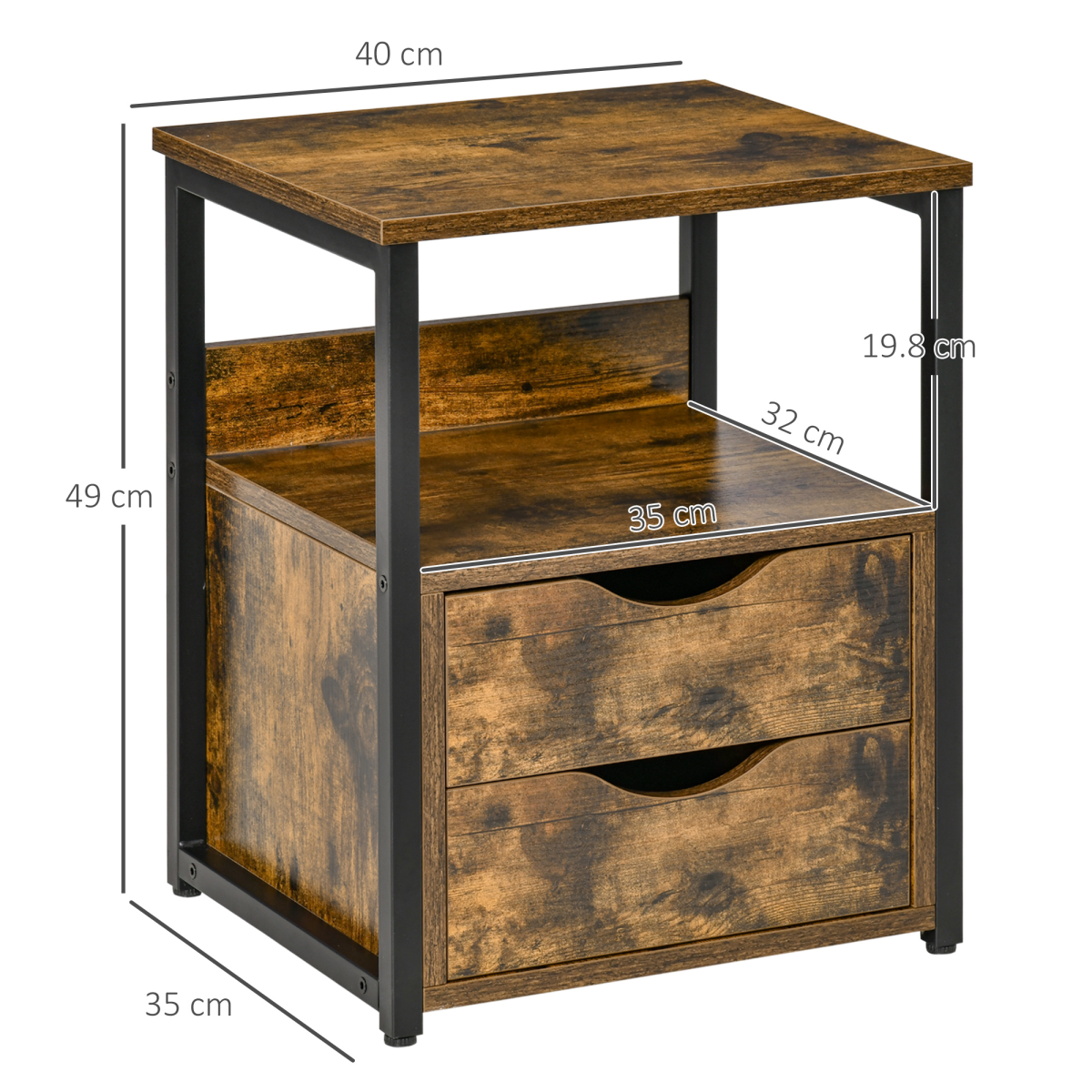 HOMCOM Rustic Brown End Table with 2 Drawers, Shelf and Metal Frame