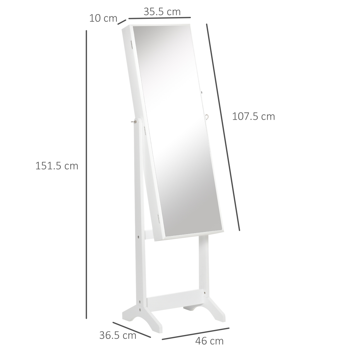 Freestanding Mirrored Jewellery Cabinet with Lockable Storage, White