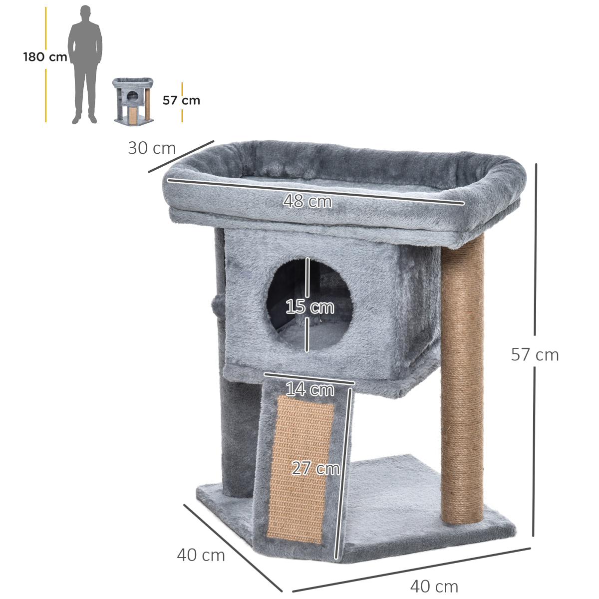 Grey Cat Tree Activity Centre with Scratching Pad, Toy Ball, Cat House and Top Perch