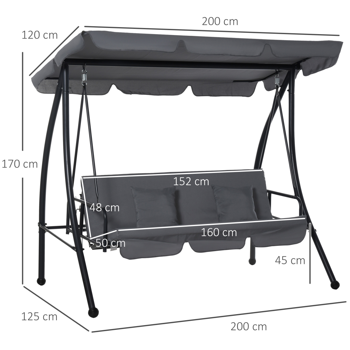 Outsunny 2-in-1 Patio Swing Chair Lounger, 3-Seater Hammock Bed with Adjustable Canopy, Dark Grey Cushion