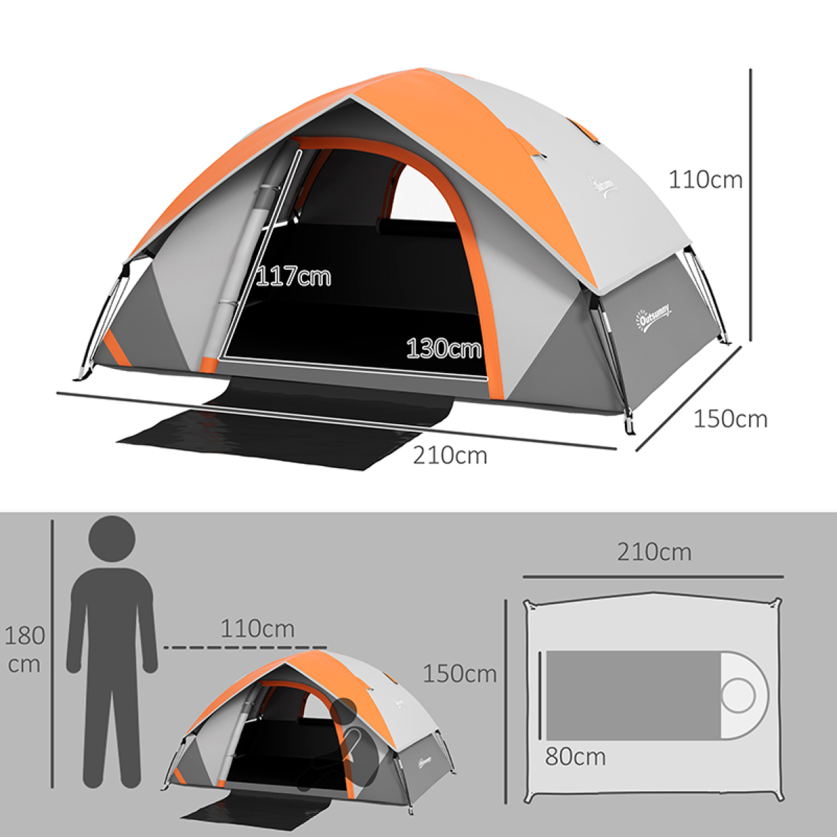 Outsunny 2-Person Camping Tent, 3000mm Rain Protection