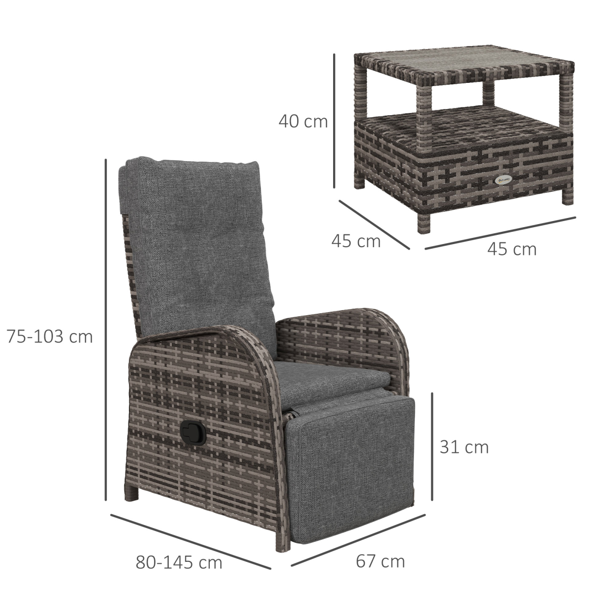 Outsunny 3-Piece Rattan Reclining Lounge Set with Cushions and Table for Patio, Yard, Porch