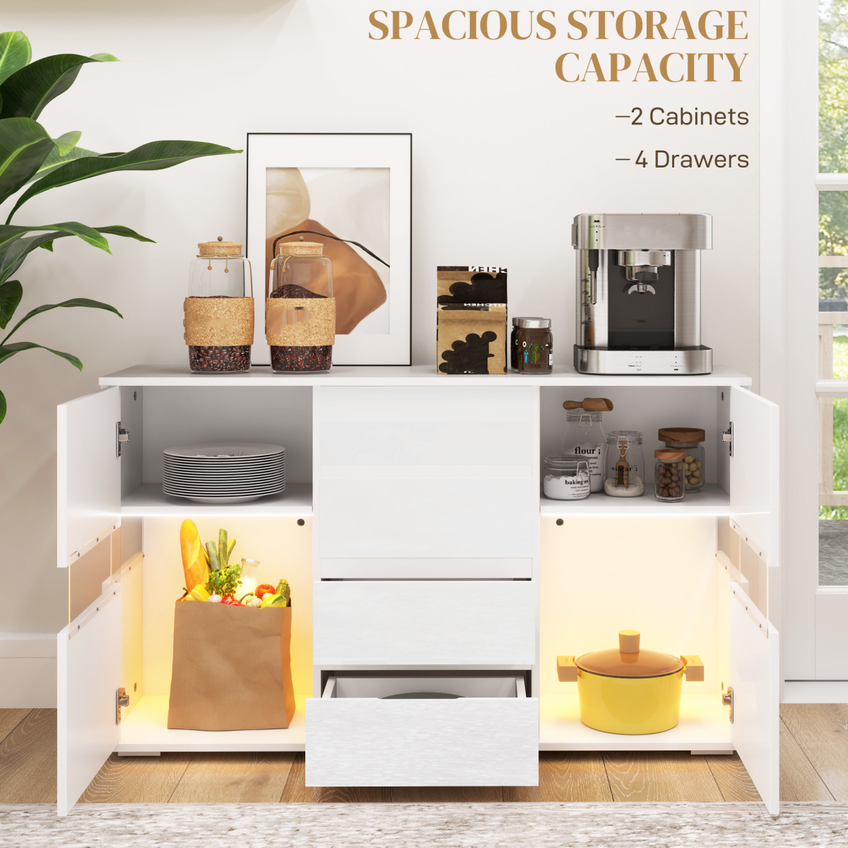 HOMCOM White High Gloss LED Sideboard with 4 Drawers & Cupboards