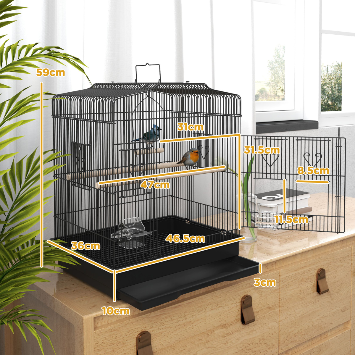 PawHut 59cm Large Black Bird Cage with Perches, Bowls, Swing