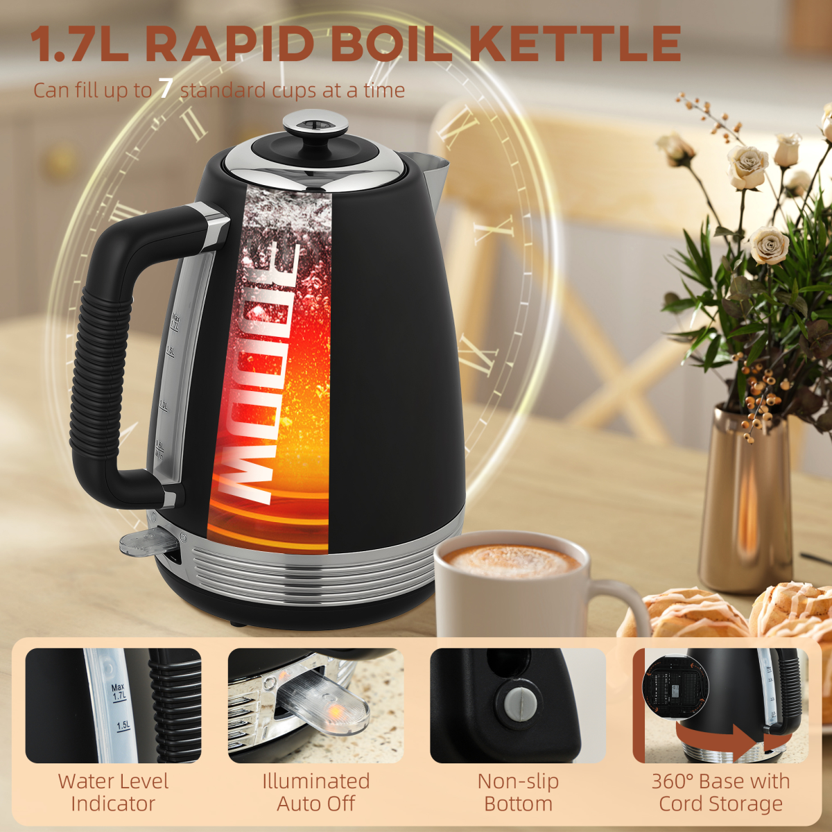 HOMCOM 1.7L 3000W Quick Boil Kettle & 4-Slice Toaster Set, Black