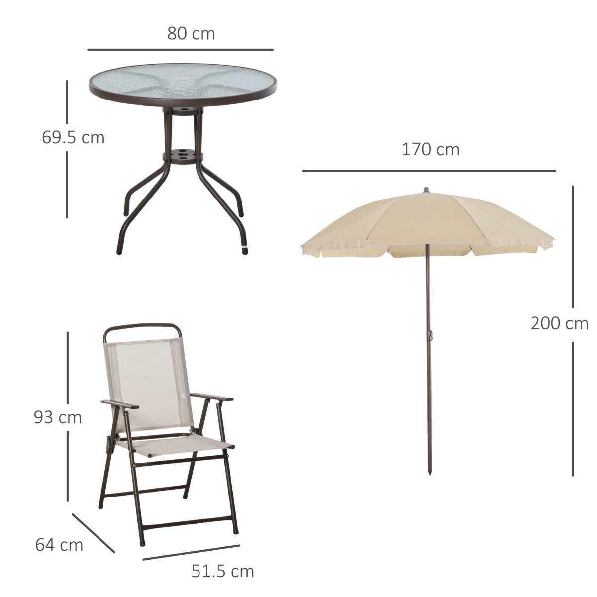Outsunny 6 Piece Garden Outdoor Dining Set with Folding Chairs, Table, Parasol and Tempered Glass Top