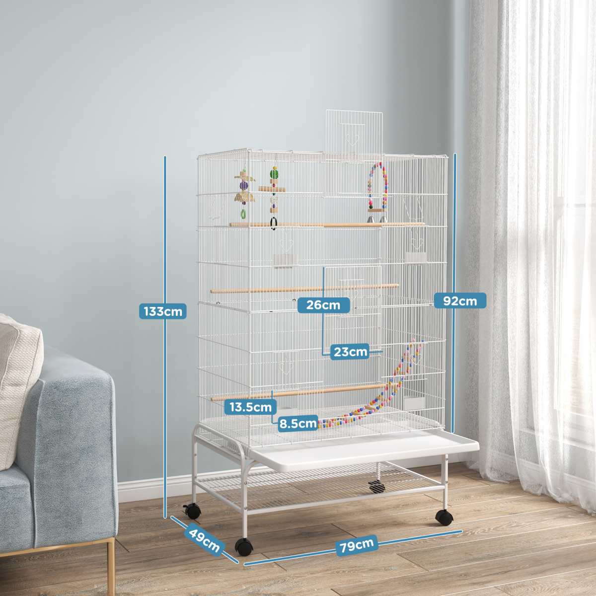 PawHut Bird Cage with Stand, Wheels & Toys for Budgies and Finches, White