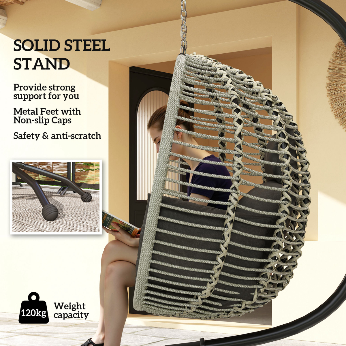 Outsunny Padded Folding Basket Chair with Cup Holders, Dark Grey