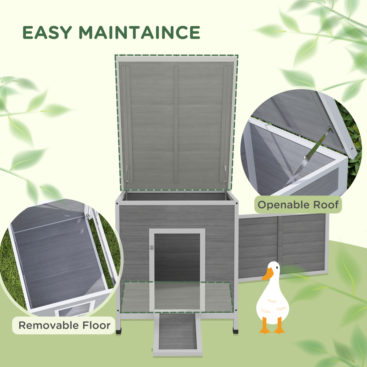 PawHut Wooden Duck House Coop with Double Doors, Openable Roof, Grey