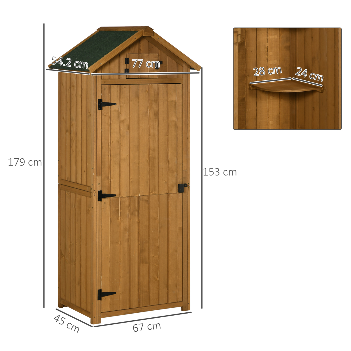 Outsunny Wooden Garden Storage Shed with 3 Detachable Shelves, Outdoor Tool Cabinet, Brown, 77 x 54.2 x 179 cm