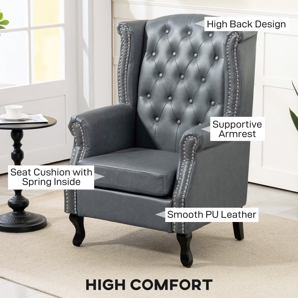 HOMCOM Grey Faux Leather Chesterfield Wing Back Armchair