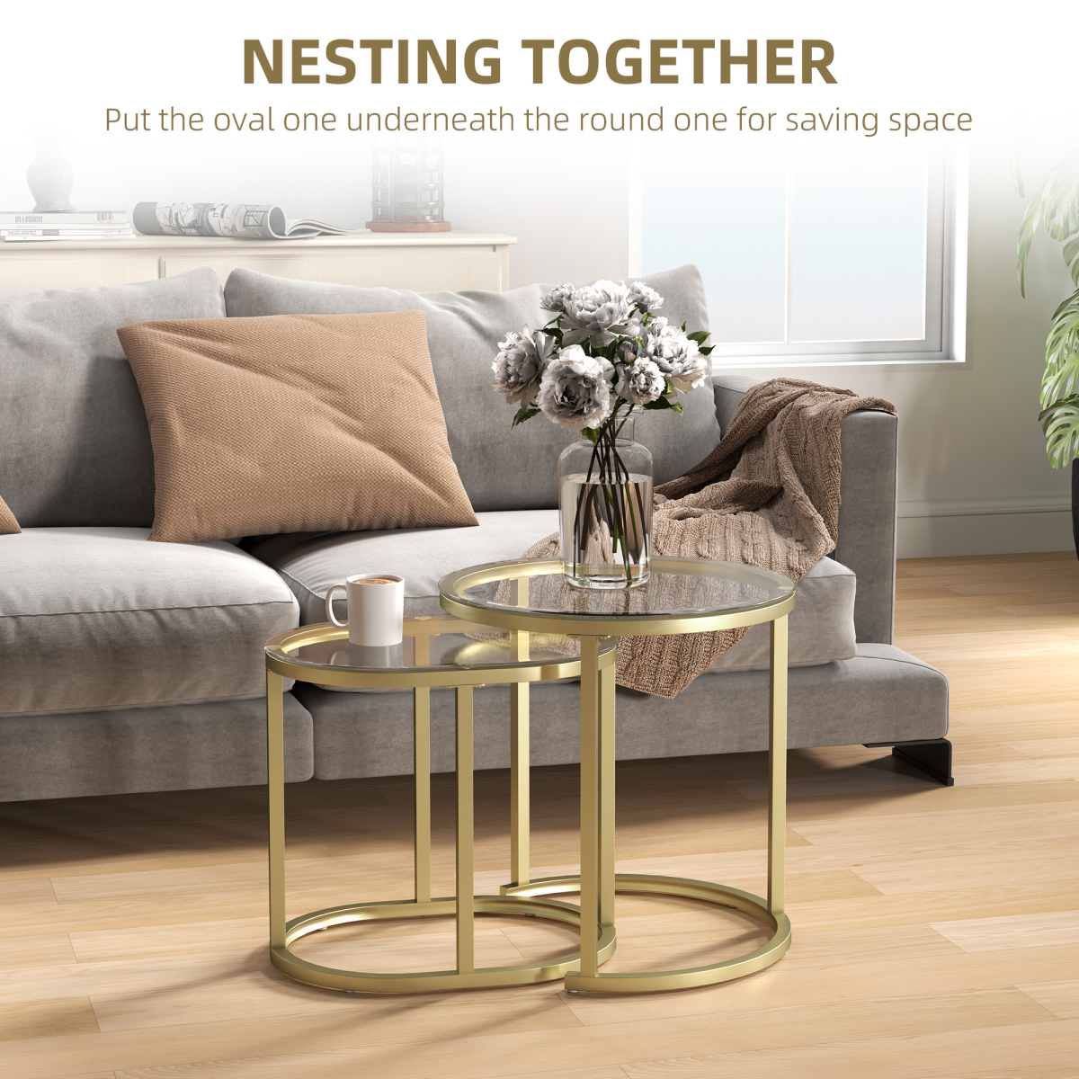 HOMCOM Set of 2 Tempered Glass Accent Tables with Gold Steel Frame