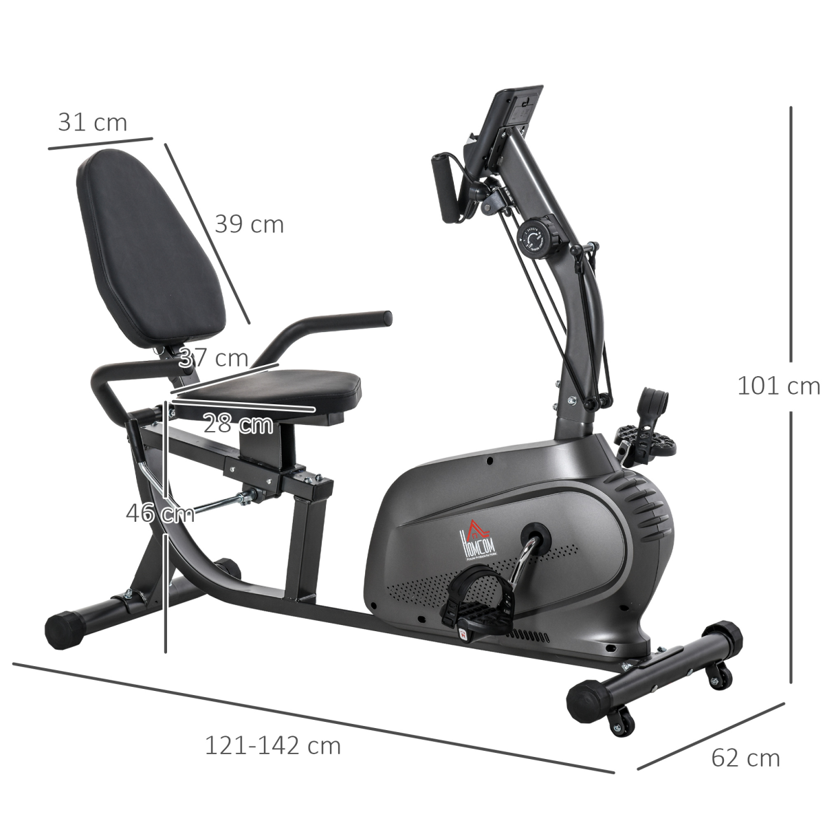 HOMCOM Recumbent Exercise Bike with LCD Monitor, 8 Resistance Levels, Adjustable Seat, Elastic Arm Ropes