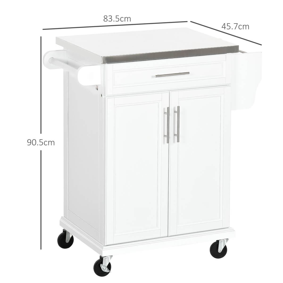 HOMCOM Rolling Kitchen Island Cart with Drawer, Storage Cabinet, Towel Rail, Knife Rack, Spice Rack, Stainless Steel Worktop, White