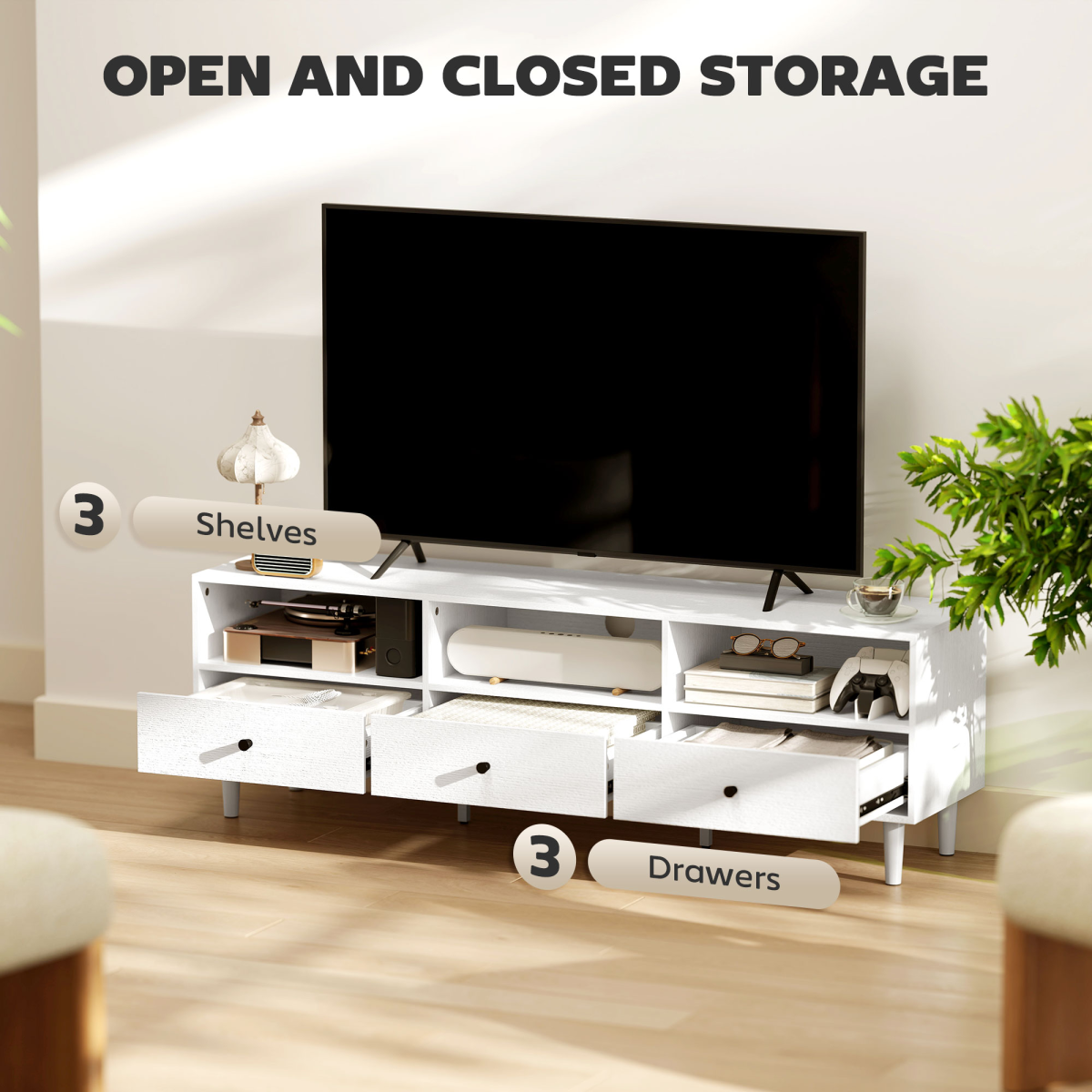 HOMCOM White TV Unit for Up to 75", 3 Drawers, 3 Shelves