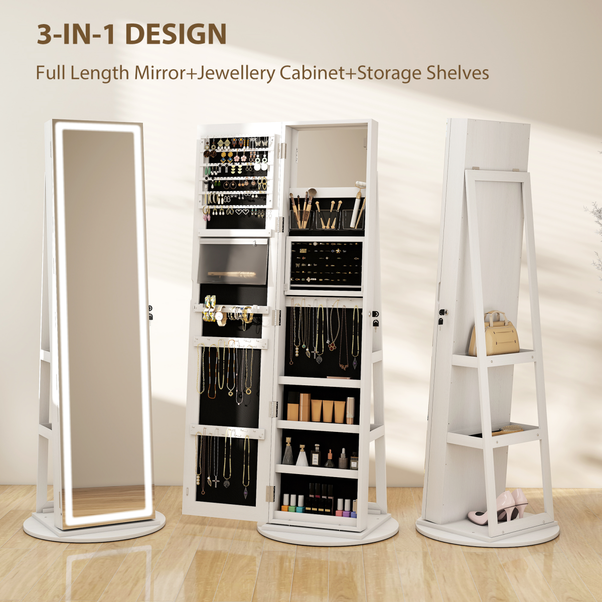 HOMCOM 360° Swivel Jewellery Cabinet Mirror with Storage, White