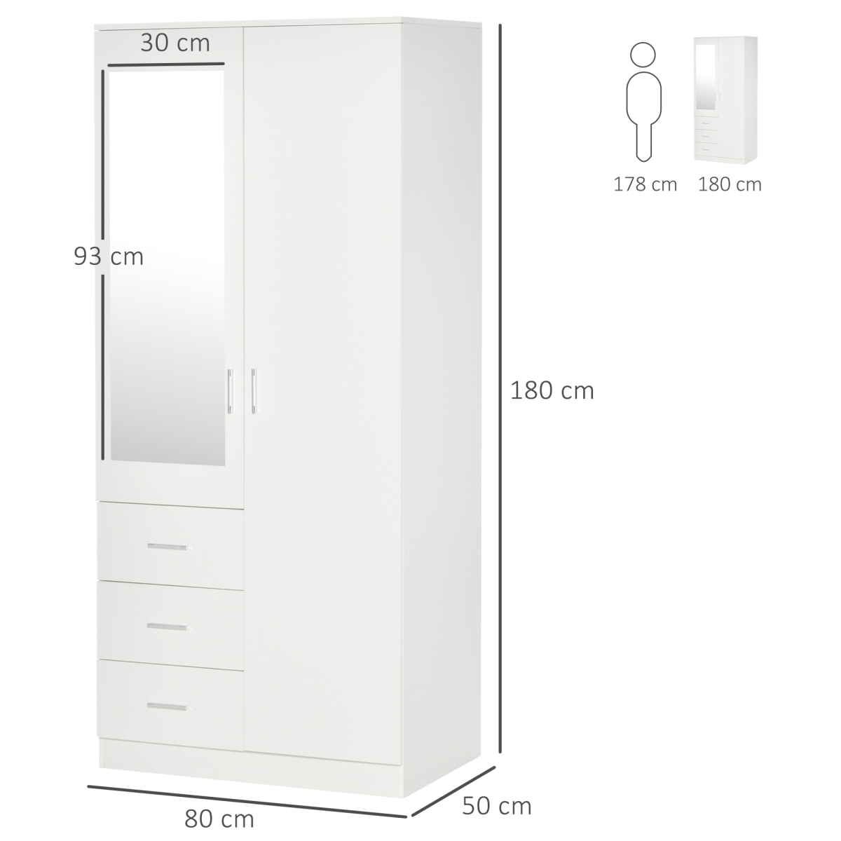White 2-Door Wardrobe with Mirror, 3 Drawers, Shelves & Rail