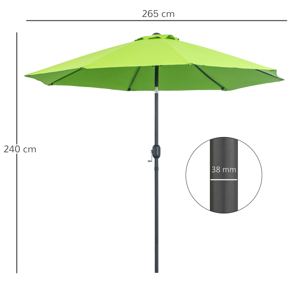 Outsunny 2.65m Patio Sun Umbrella Parasol with Tilt Canopy, Crank Handle, Powder Coated Aluminium Pole, Light Green