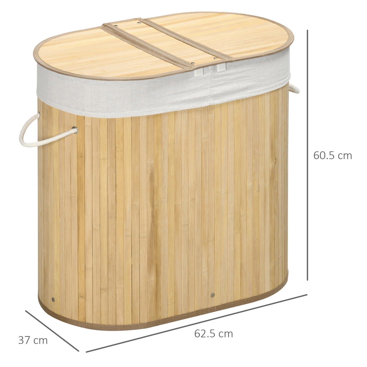 100L Bamboo Laundry Basket with Lid, 2 Compartments and Removable Lining, Natural
