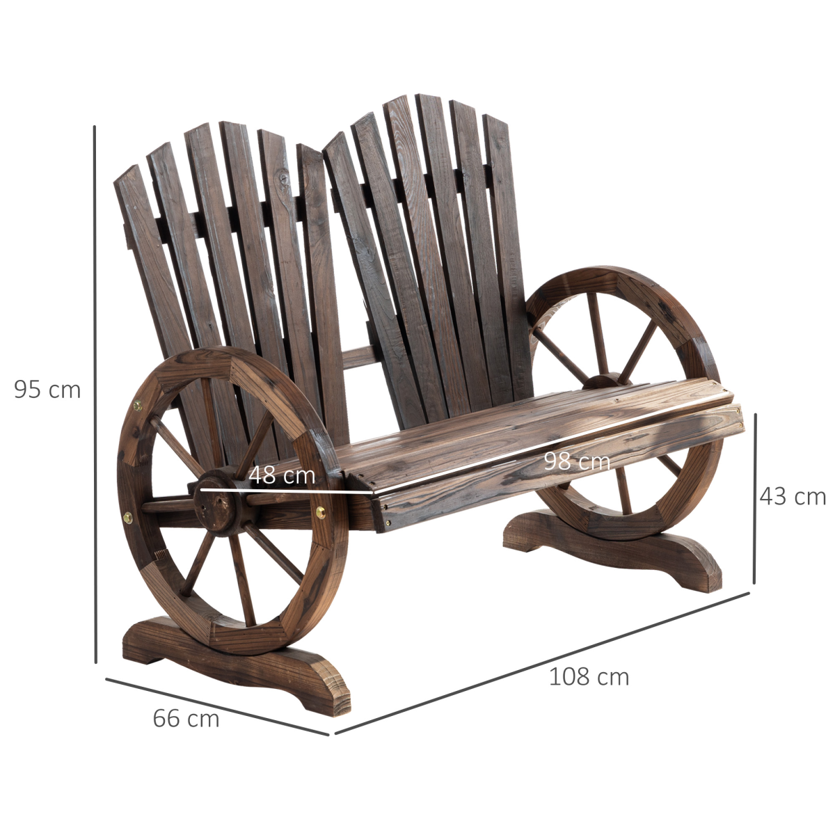 2 Seater Garden Bench with Wheel-Shaped Armrests, Carbonized Colour