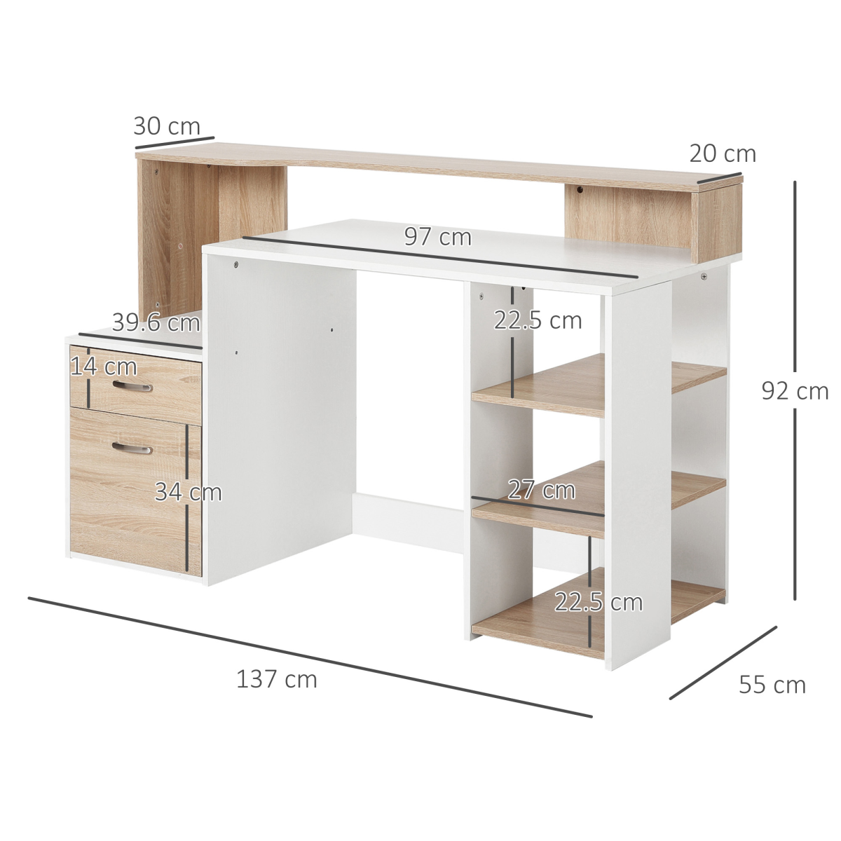 Multi-Storage Workstation Desk with Side Shelves, 2-Drawer Cabinet and Printer Space, Home Office Desk, Oak