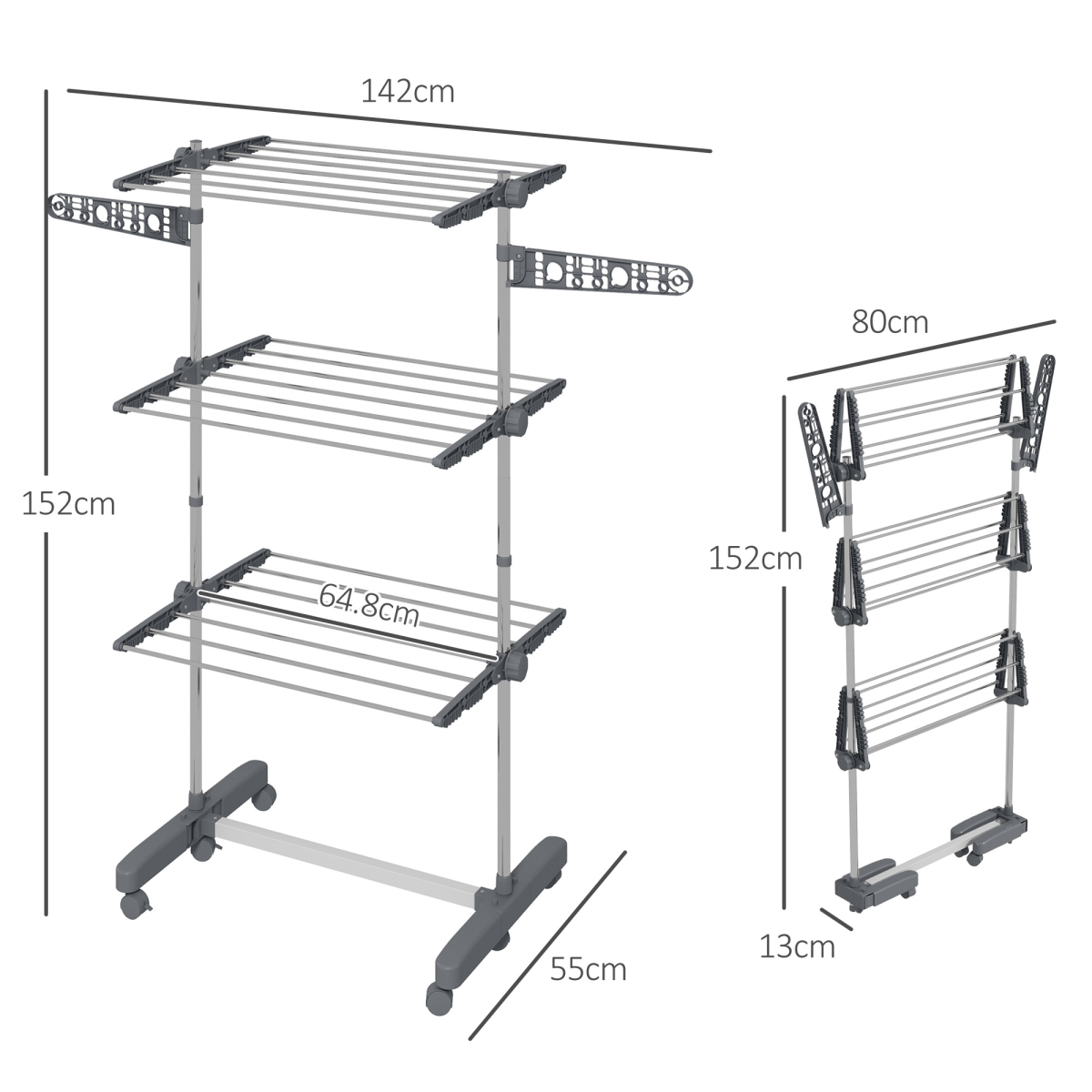 HOMCOM 3-Tier Folding Clothes Airer, Stainless Steel, Grey