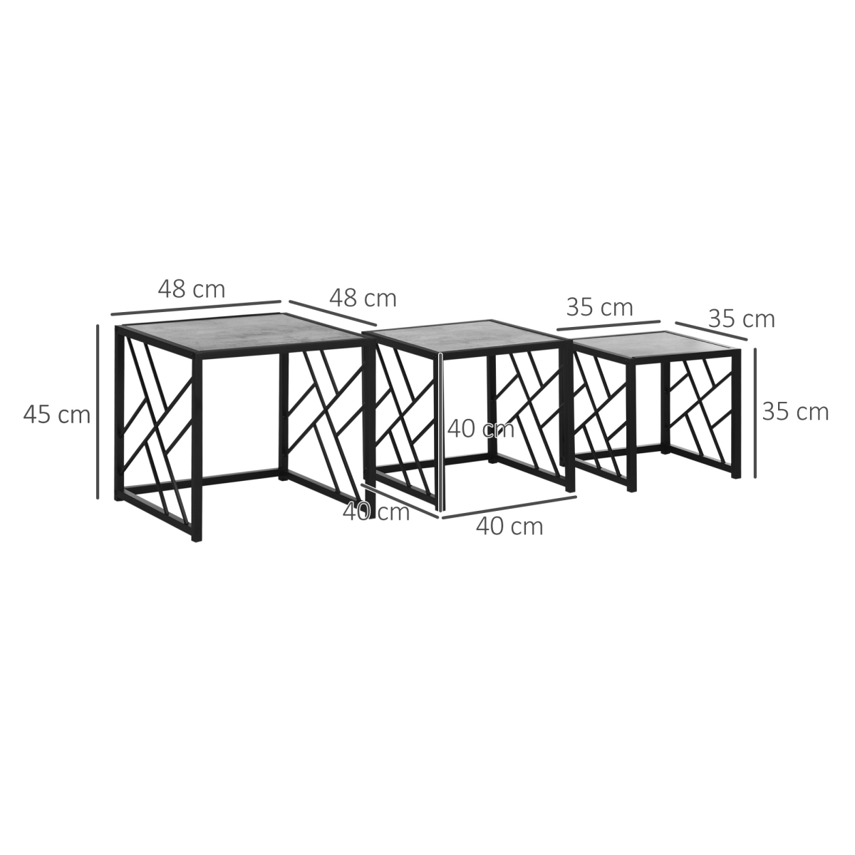 Set of 3 Nesting Square Coffee Tables with Metal Frame, Grey