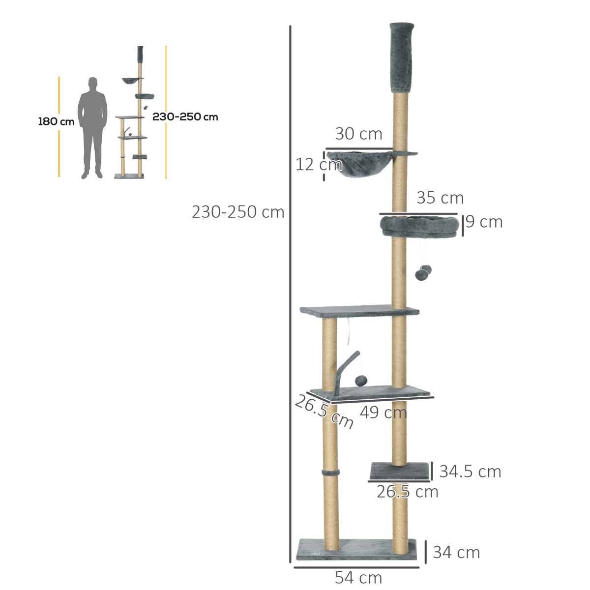 PawHut 6-Tier Floor-to-Ceiling Cat Tree with Bed, Hammock, Grey