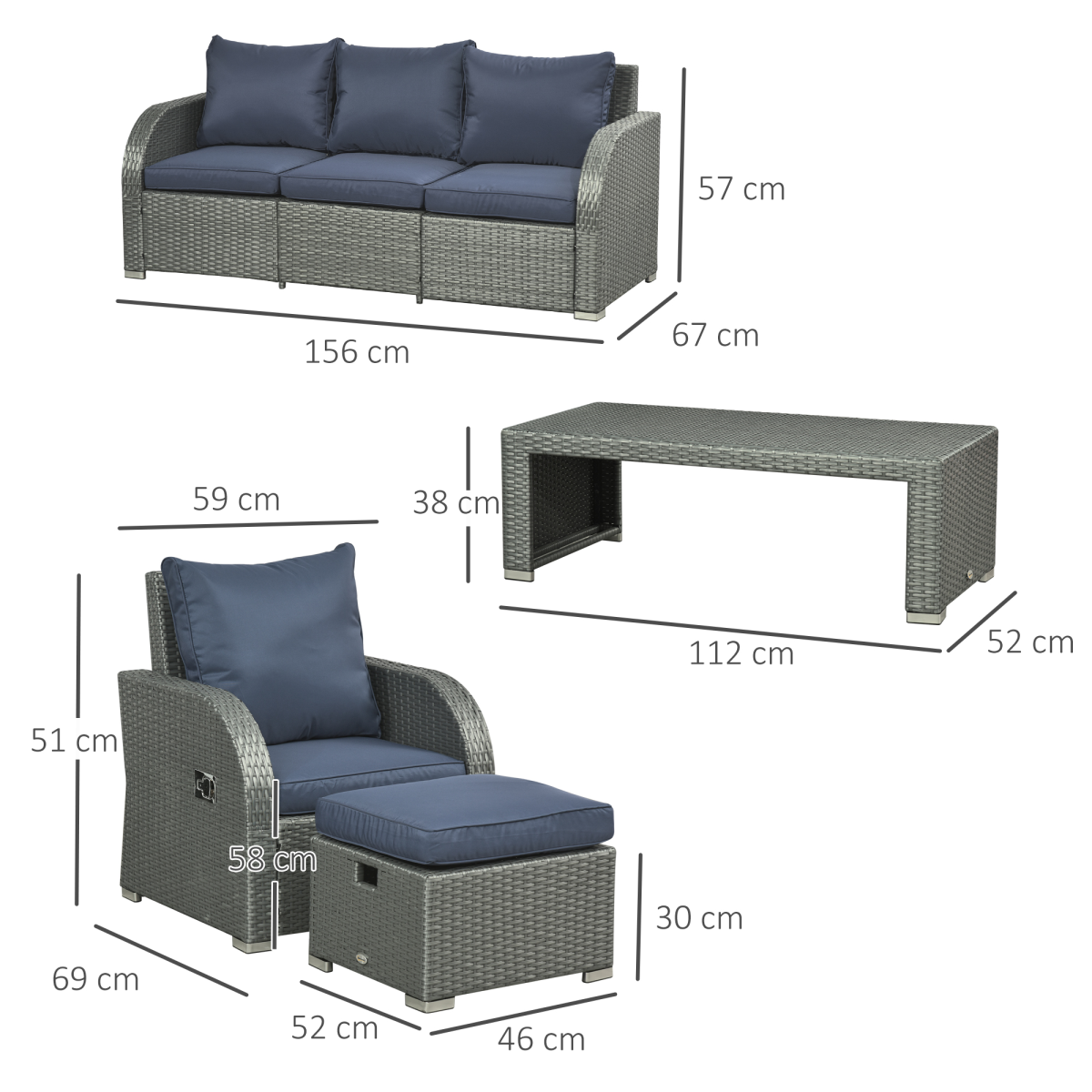 Outsunny 6-Piece Outdoor Rattan Wicker Patio Furniture Set with 3-Seat Sofa, 2 Reclining Armchairs, 2 Footstools and Table