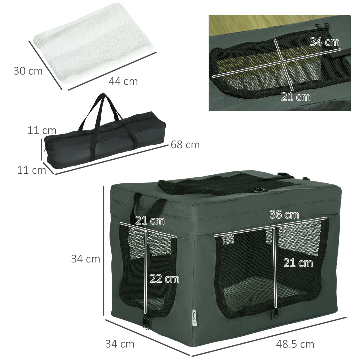 PawHut Foldable Pet Carrier with Cushion for Cats & Mini Dogs, Grey