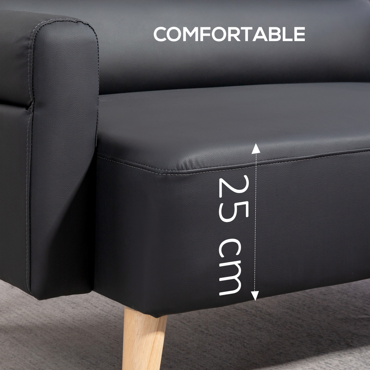 HOMCOM 2 Seater Faux Leather Sofa with Rubber Wood Legs, Black