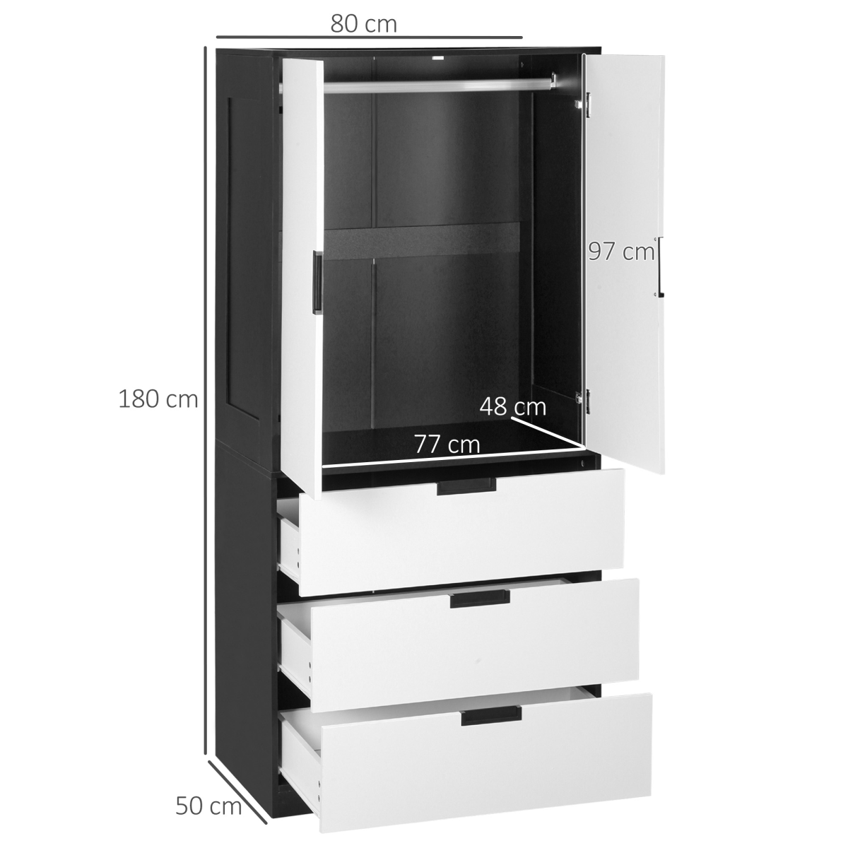 HOMCOM 2-Door White Wardrobe with 3 Drawers & Hanging Rod