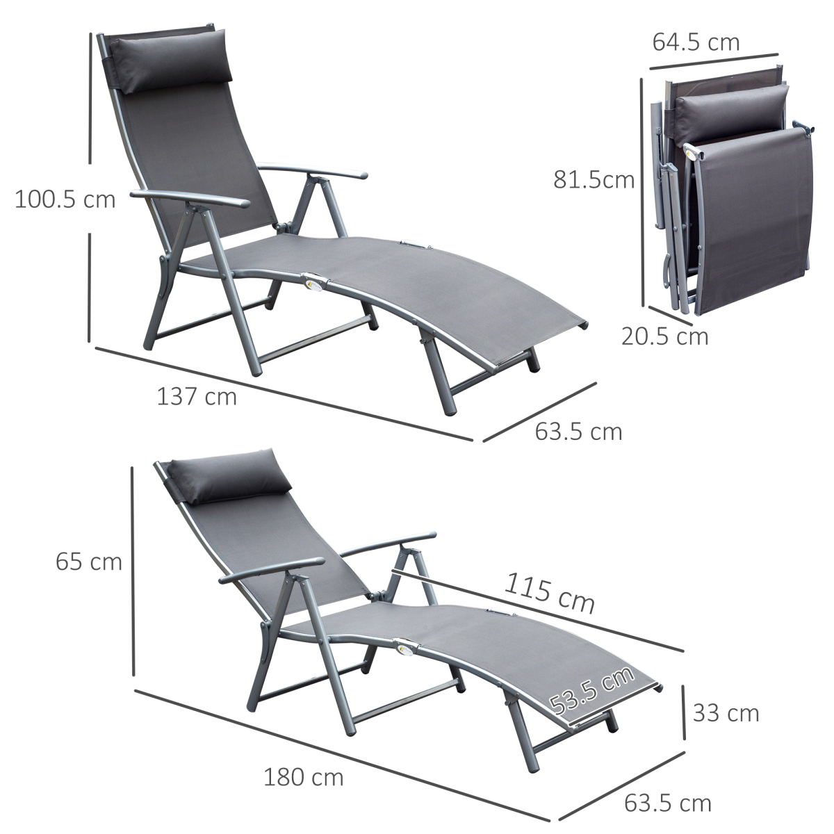 Outsunny Foldable Sun Lounger Recliner with Pillow, 5-Level Adjustable Backrest, Textilene, Grey
