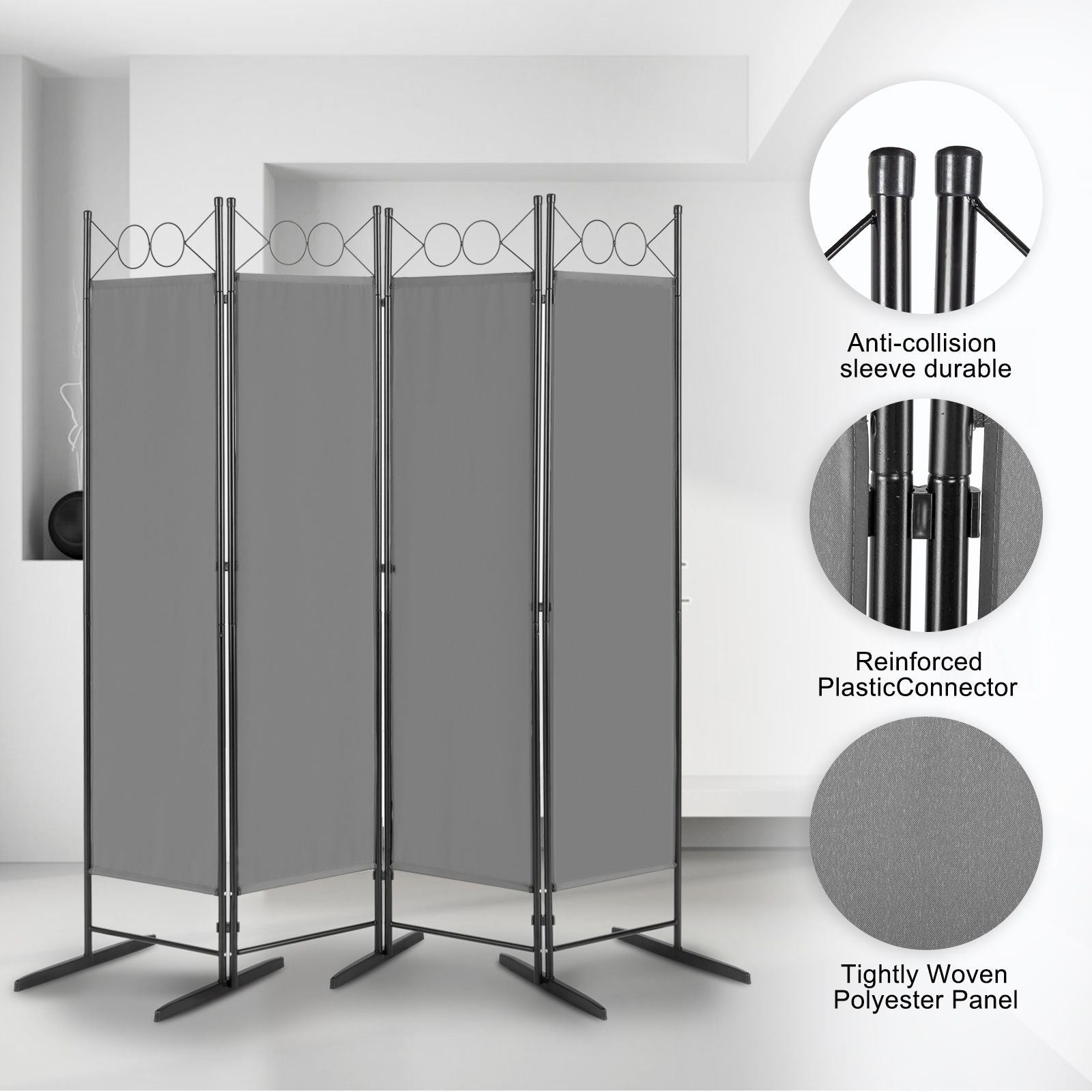 5.74FT 4-Fold Top With Shape 130g Polyester Cloth Plastic Feet Carbon Steel Frame Foldable Screen Gray