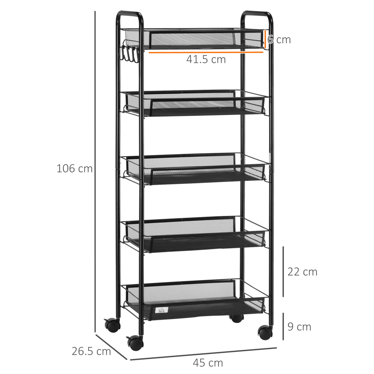 HOMCOM 5-Tier Rolling Utility Cart with Removable Mesh Baskets, Black