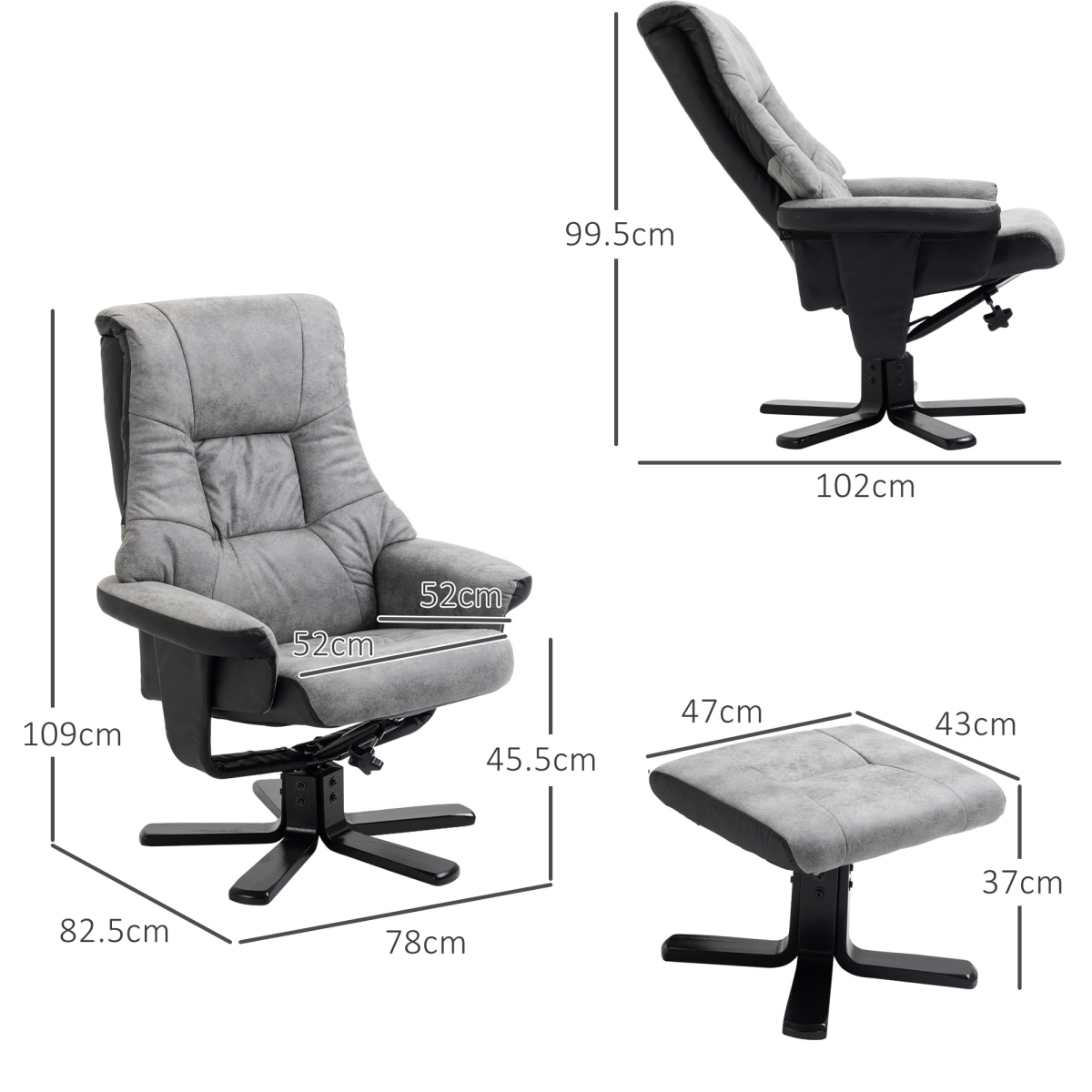 Manual Recliner Swivel Chair with Footstool, Grey Faux Leather
