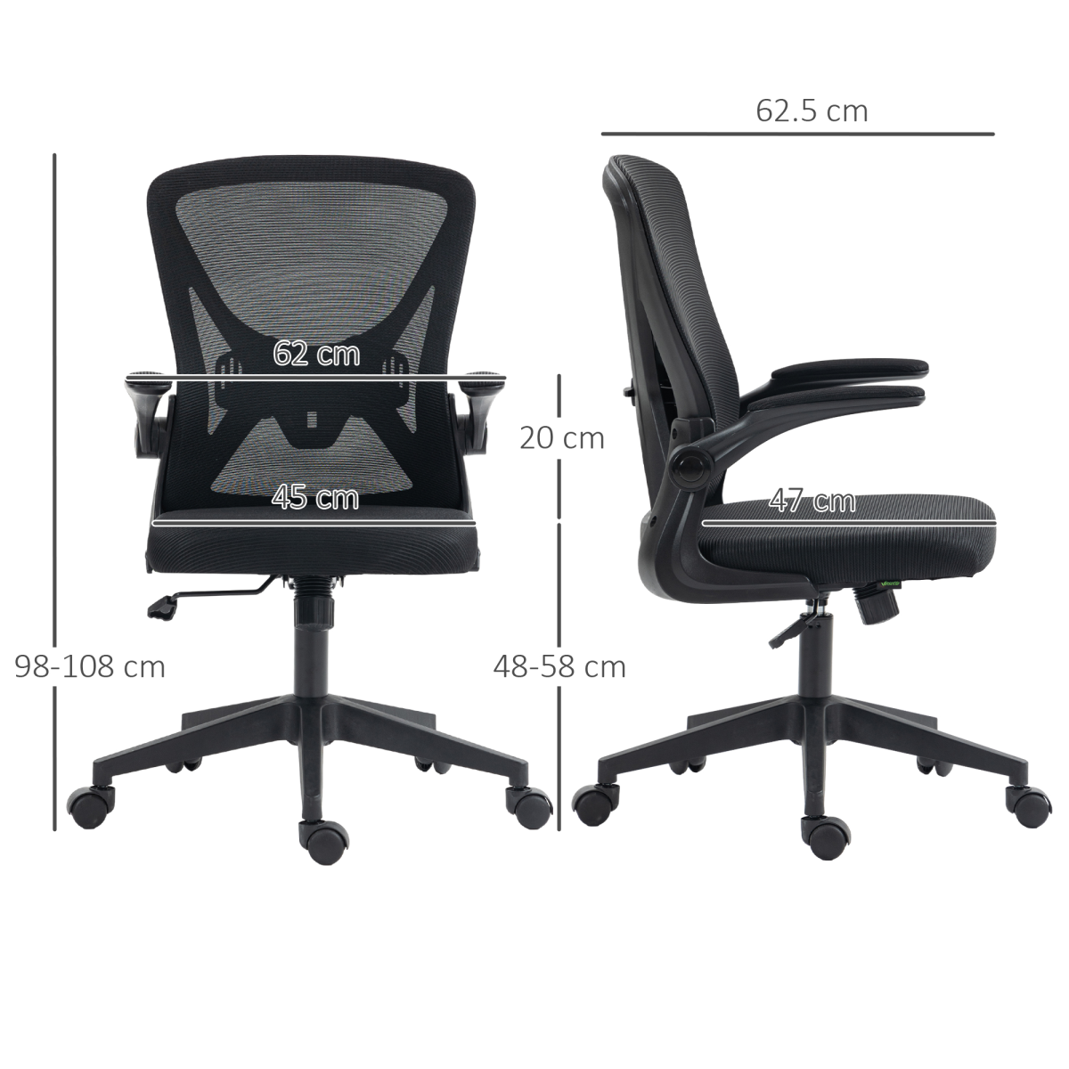 Vinsetto Mesh Office Chair with Lumbar Support, Tilt Function, Adjustable Height, Flip-Up Armrests and Swivel Wheels