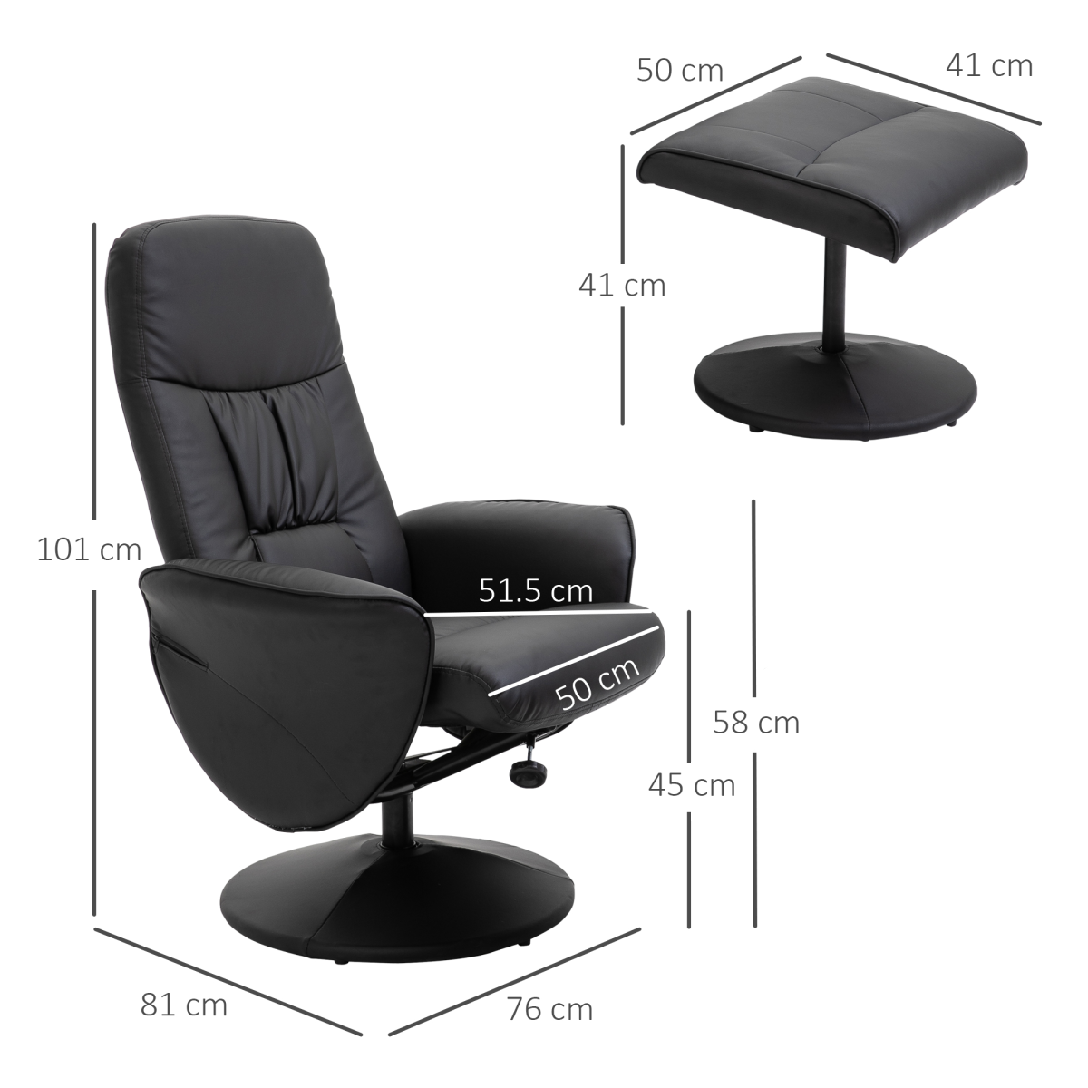 Reclining Armchair and Ottoman Set, 360 Swivel, Faux Leather, Black