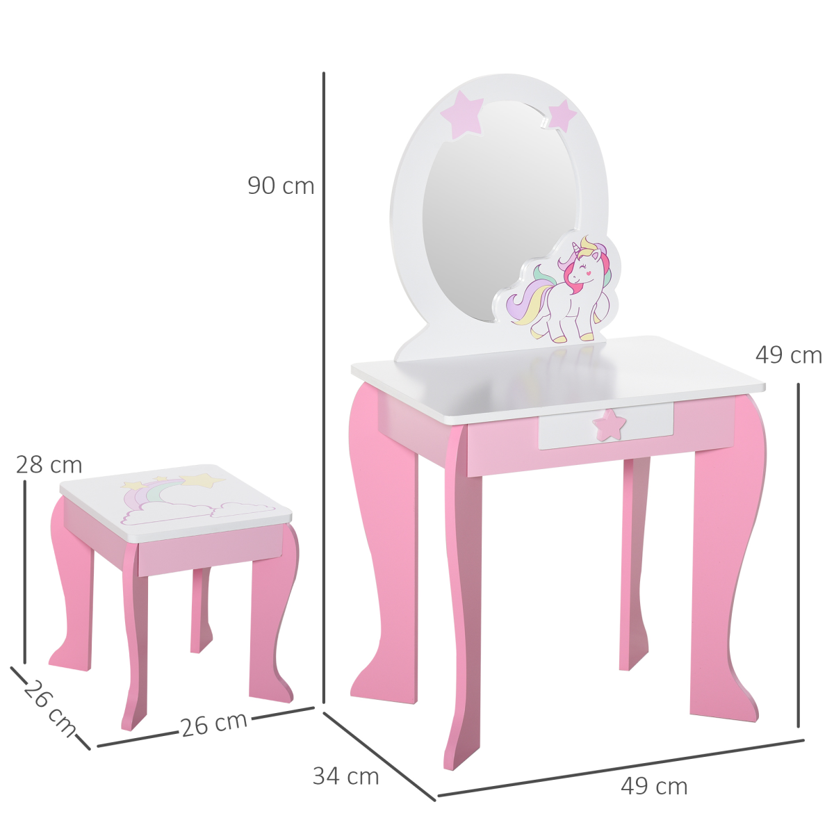 HOMCOM Kids Vanity Dressing Table Set with Mirror, Stool, Unicorn Design
