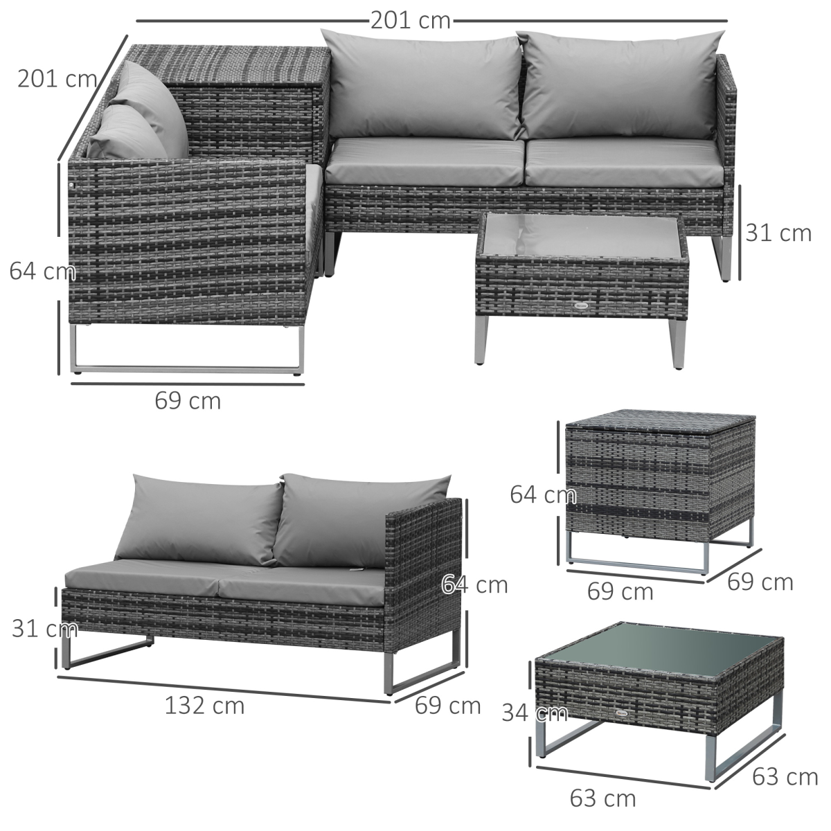 Outsunny 4-Piece PE Rattan Outdoor Garden Furniture Set with Cushioned Loveseat Sofas, Corner Table and Glass-Top Coffee Table, Mixed Grey