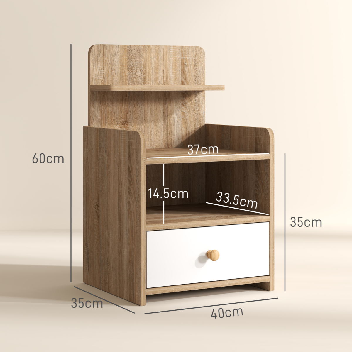 HOMCOM Bedside Table with Drawer and 3 Shelves, Natural Wood Effect