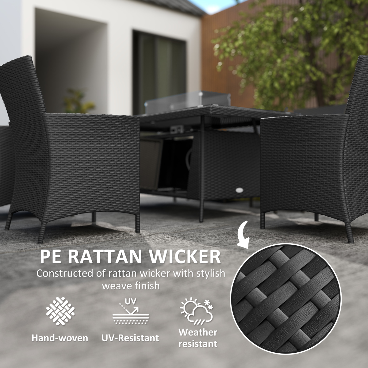 Outsunny 7 Piece Rattan Garden Dining Set with Fire Pit Table, Black