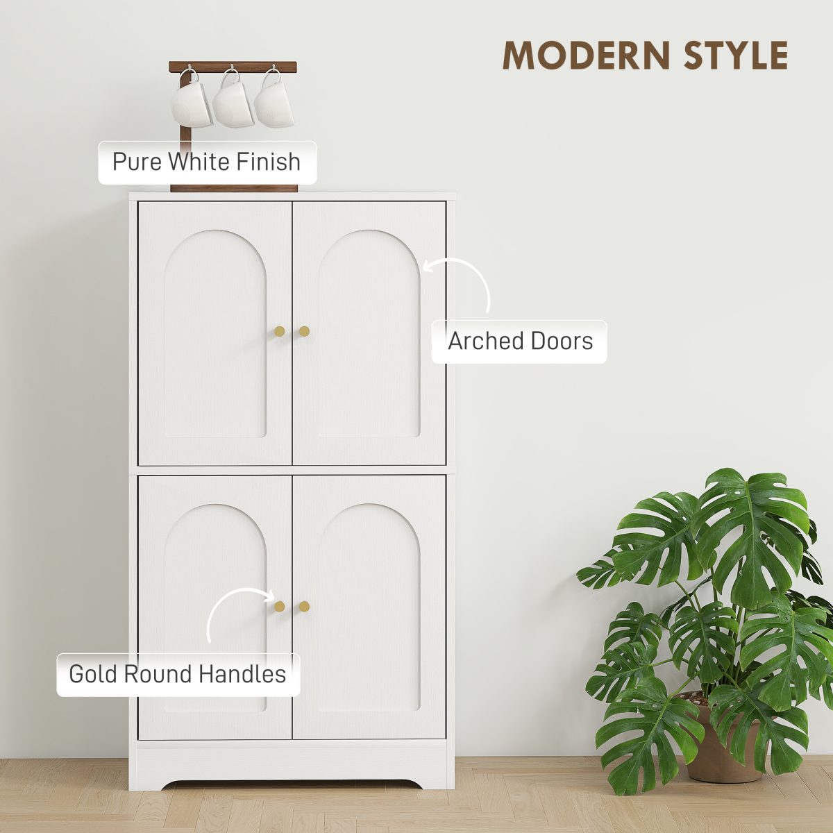 HOMCOM 110cm White Kitchen Cupboard with 4 Arched Doors and Adjustable Shelves