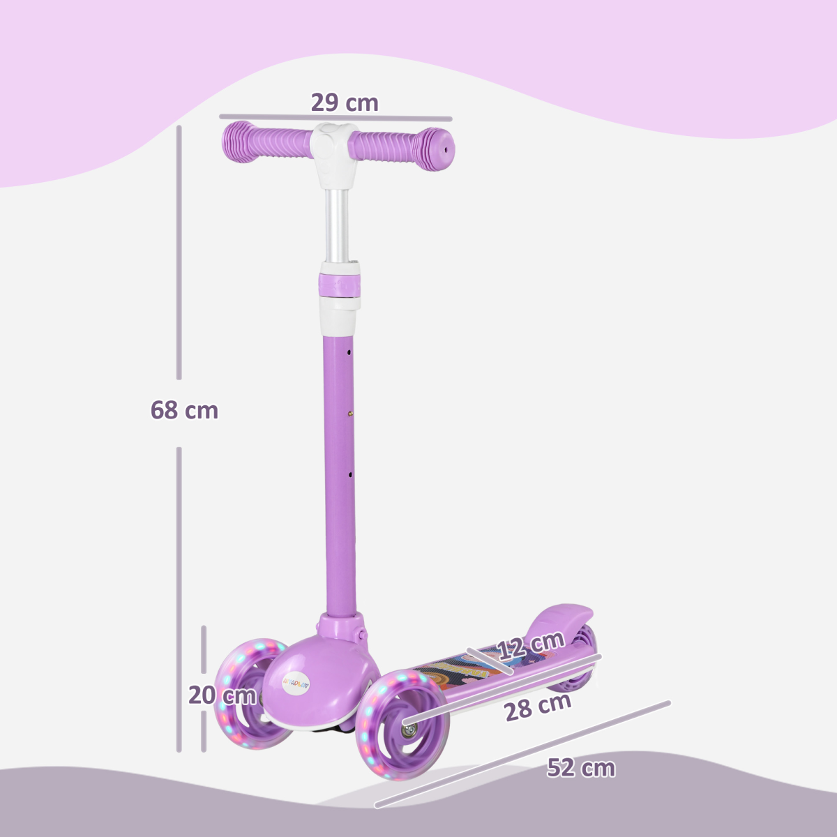 AIYAPLAY Kids 3-Wheel LED Scooter, Adjustable Height, Purple, 2-6 Years