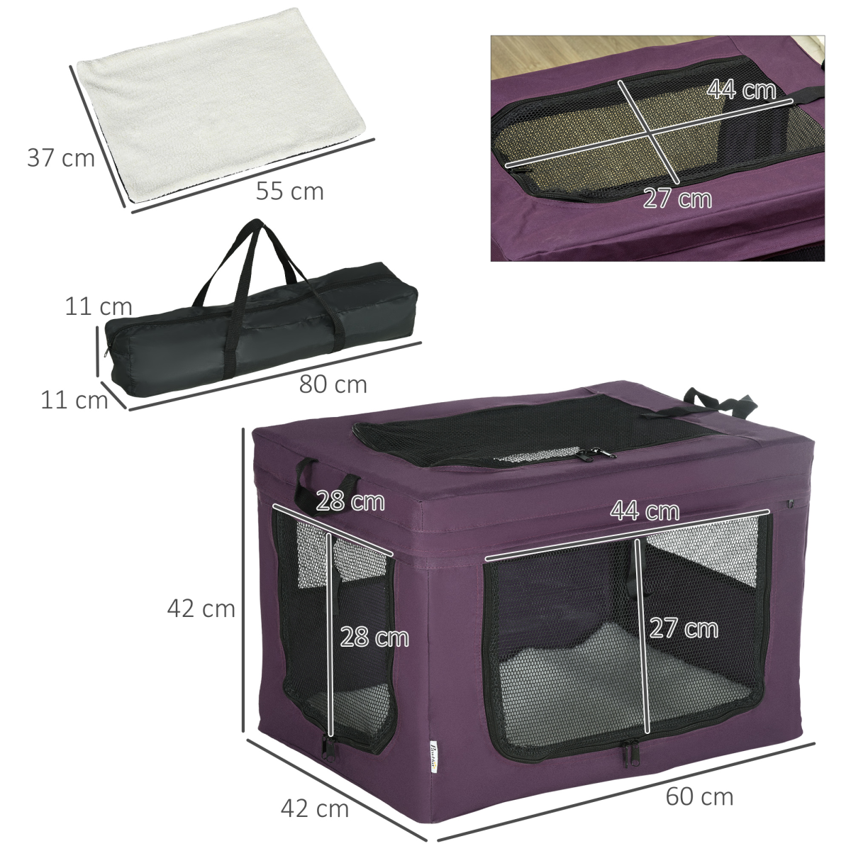 Foldable Pet Carrier Bag with Cushion, 60cm, for Cats and Miniature Dogs, Purple