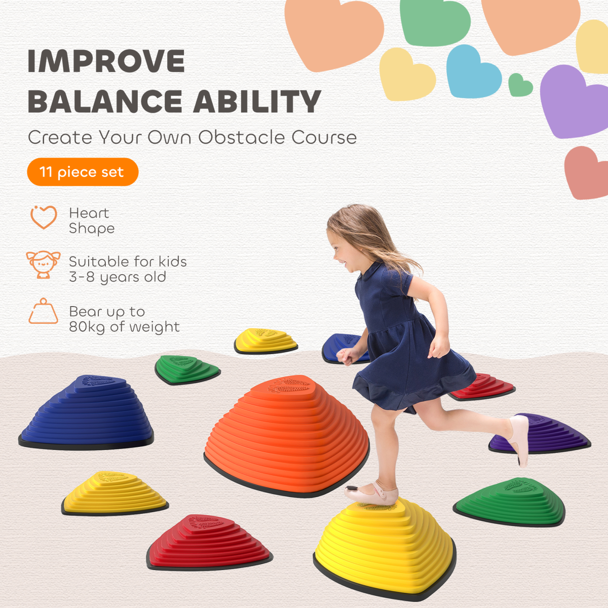 AIYAPLAY 11-Piece Non-Slip Stepping Stones for Kids Balance Training