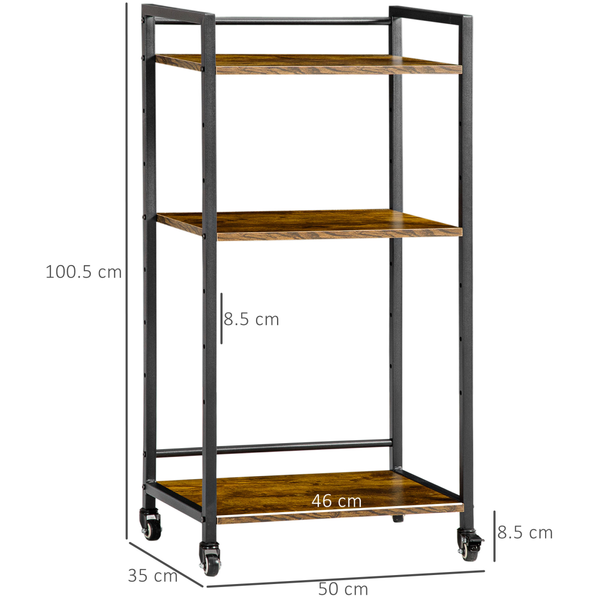 HOMCOM 3-Tier Adjustable Printer Stand Utility Cart, Rolling Trolley with Shelves and Lockable Casters